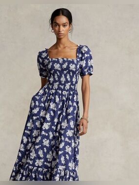 Polo Ralph Lauren Navy White floral Smocked dress size M